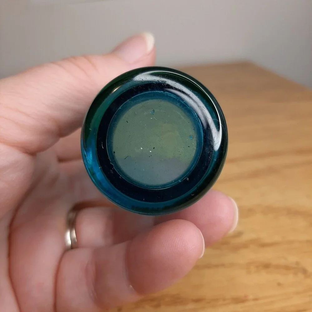 Vtg Czech Bohemia Glass Aperitif Shot Glass Blue w/ Gold Stripes Sticker label